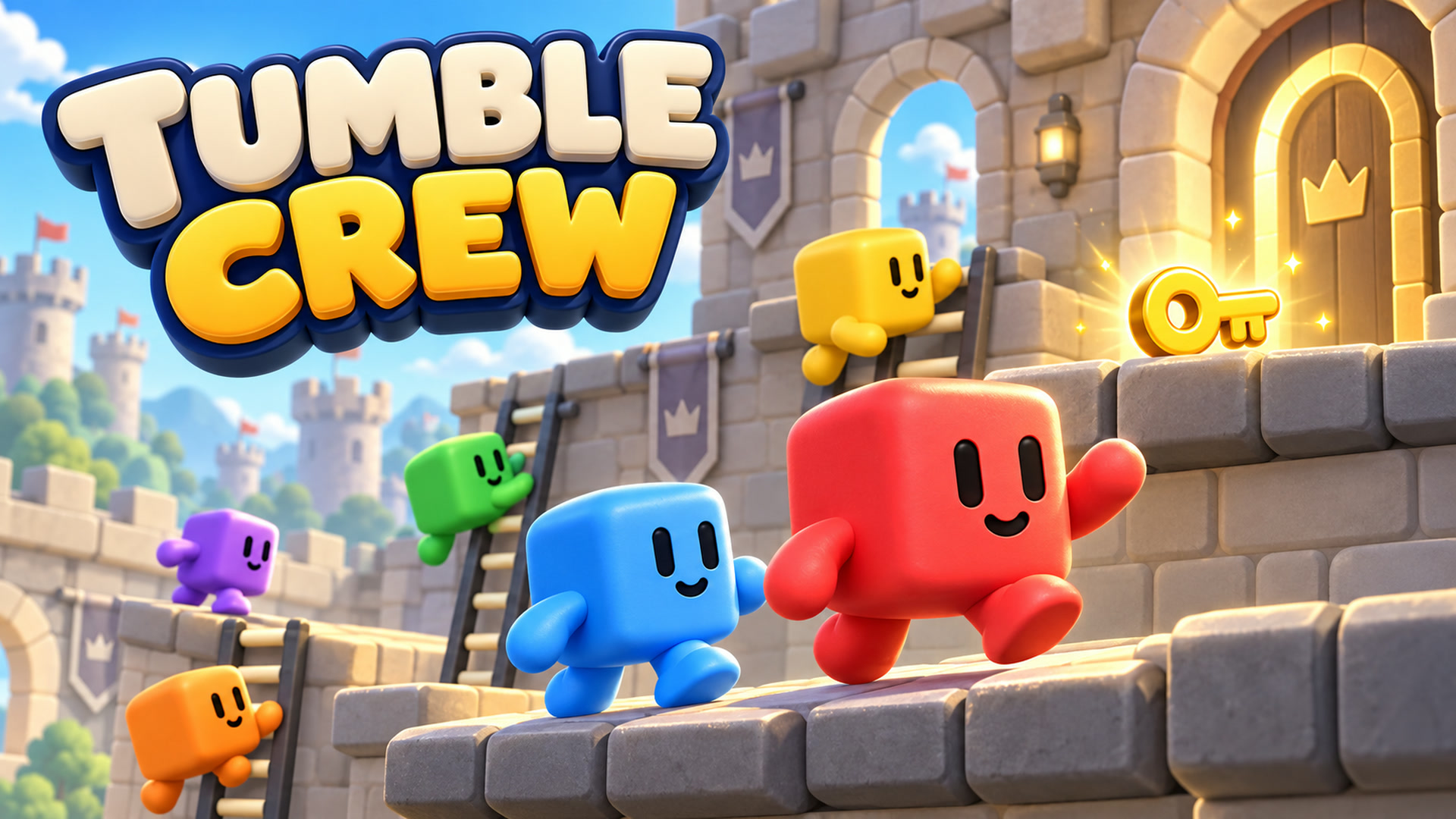 Tumble Crew: six colorful, rounded characters climbing a sunlit castle toward a golden key and door.