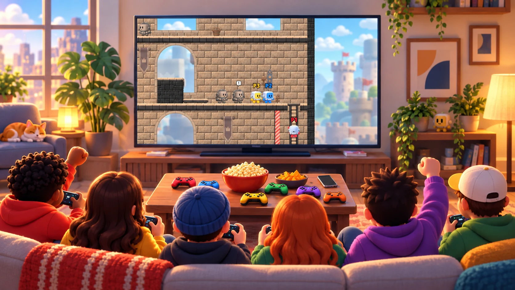 Six friends in a warmly lit 3D illustrated living room, playing the current castle level on TV.