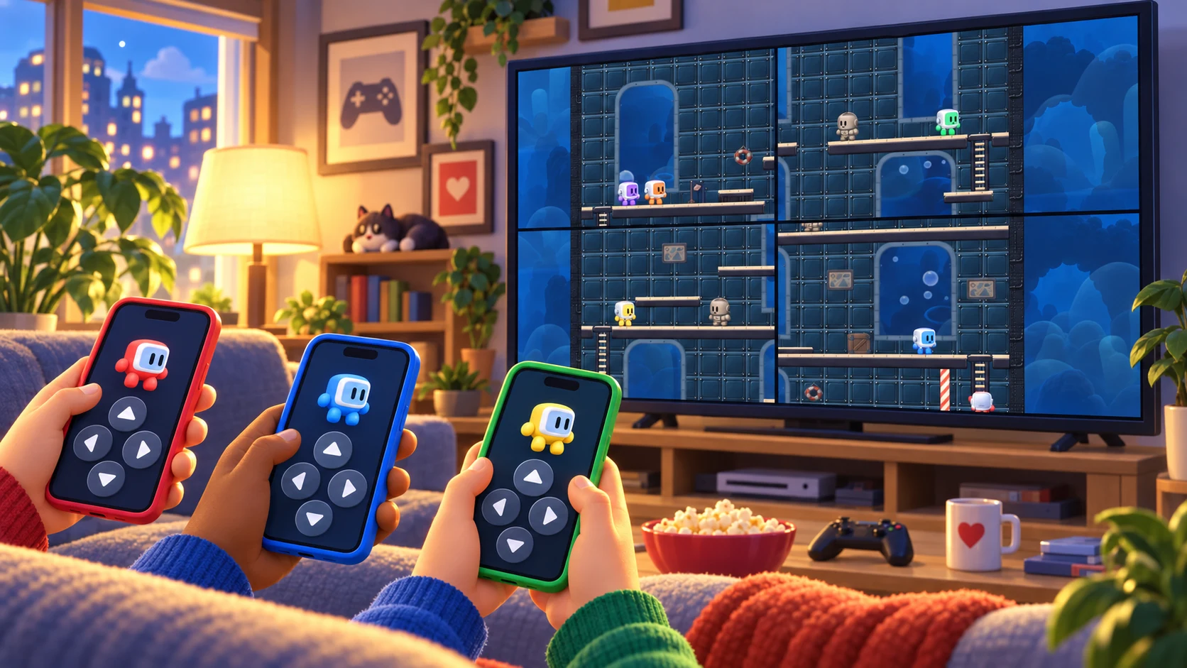 Three phones as controllers in a 3D illustrated room; the TV shows six players in the submarine with split-screen views.